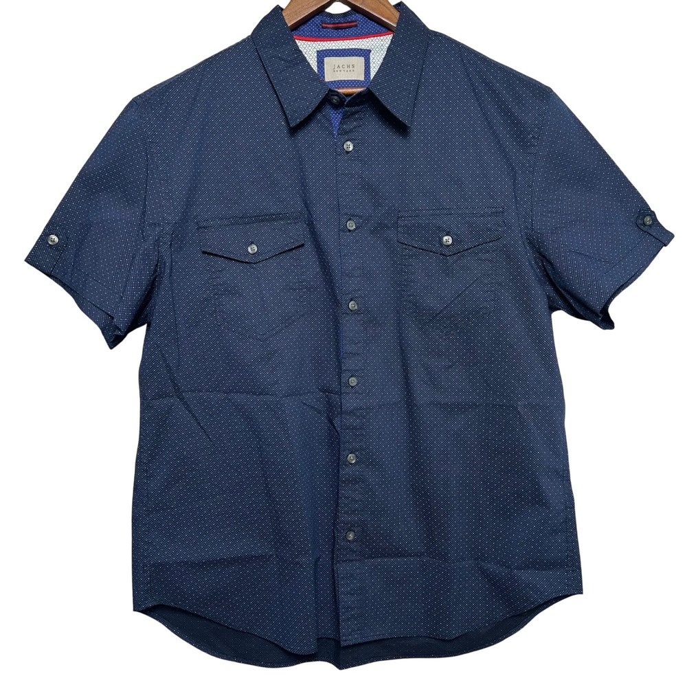 JACHS New York Men's XL Navy Blue Dotted Short Sleeve Button‎ Up Shirt